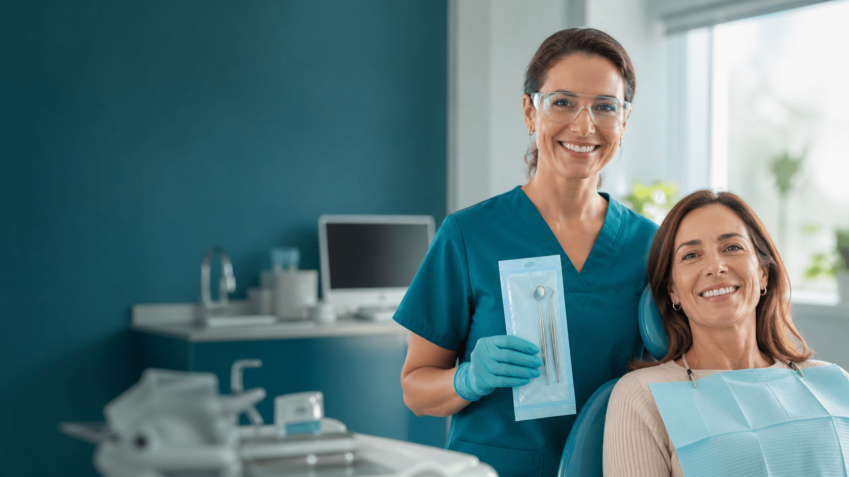 Dental specialist presenting a sealed sterile instrument pouch to a patient